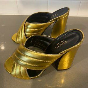 GUCCI Gold “Webby” Leather High-Heeled Mules - Size 38 (Fits like US 7)